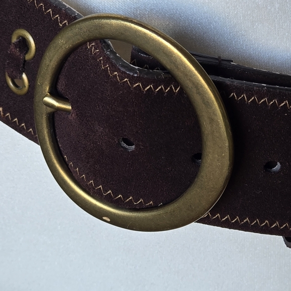 Boho Brown Leather Belt Brass Tone Gromments/Buckle Whipstitch Detailing Size M main image 4